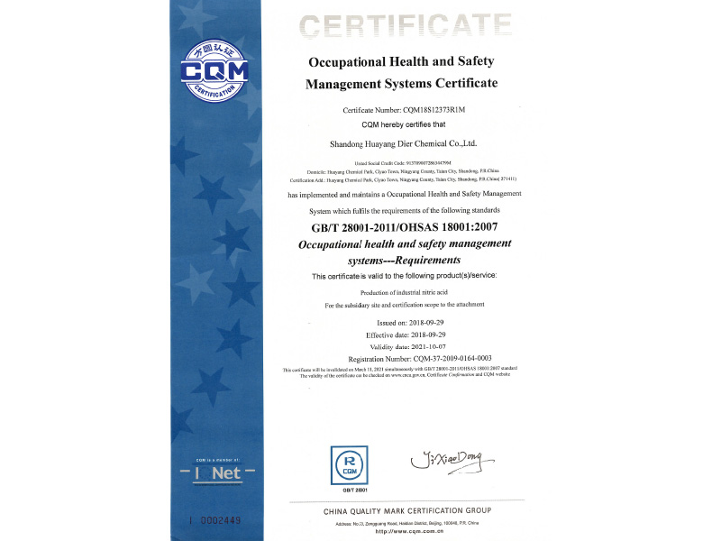 Occupational Health and Safety Management System Certification Certificate in English